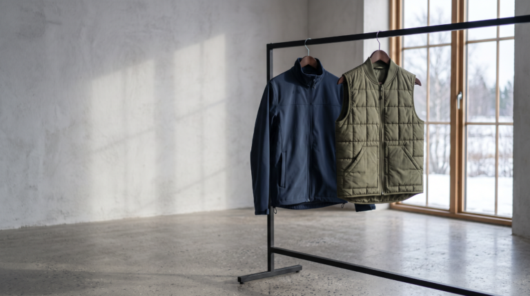Toppaliivi ja softshell-takki riippumassa mustalla teräsputkella – takit ja liivit omalla logolla